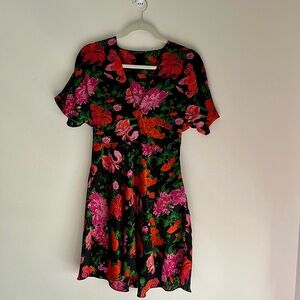 Zara Black Floral Short Sleeve A-Line Dress - Pink & Red Blooms